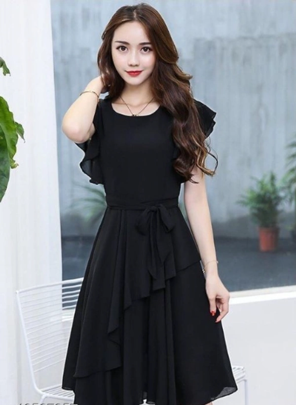 Elizy Women Black Plain Flair Georgette Short Dress - S, Black, Georgette, Pack of 1